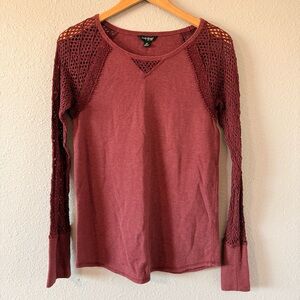 Lucky Brand Burgundy Red Boho Cotton Crochet Knit Long Sleeve Top Women's Medium